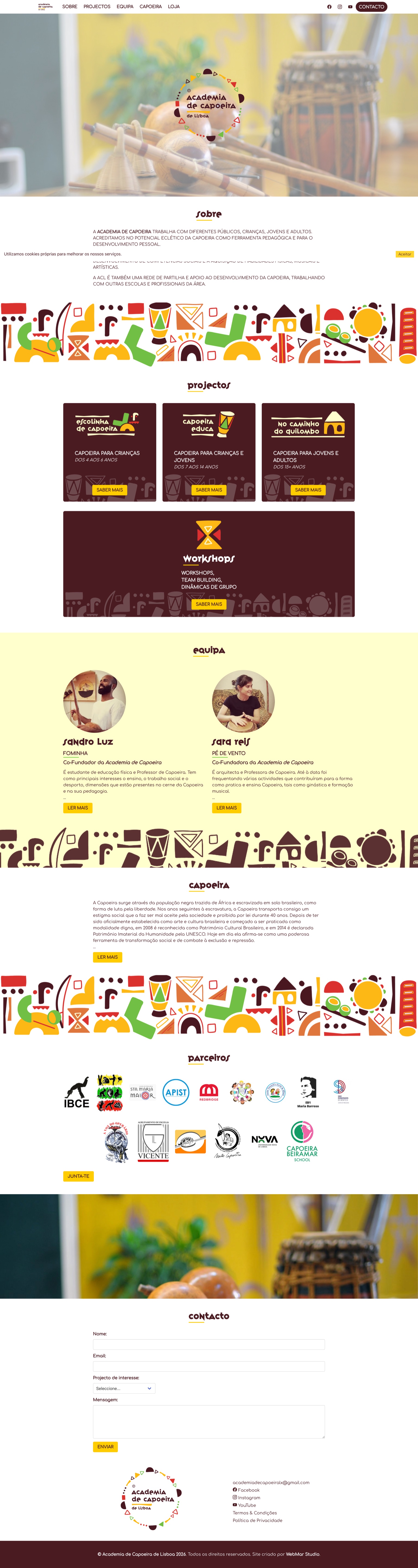 Vista completa do site oficial da Academia de Capoeira de Lisboa