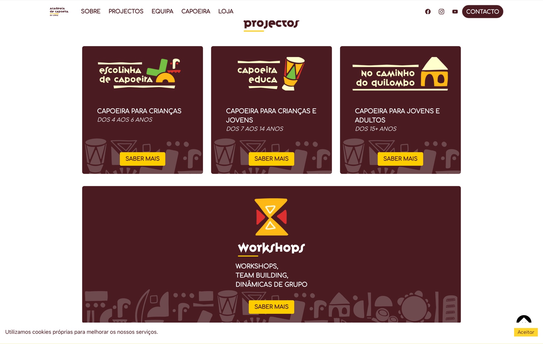 Cartões de programas (crianças, jovens, adultos, workshops) no site da Academia de Capoeira de Lisboa