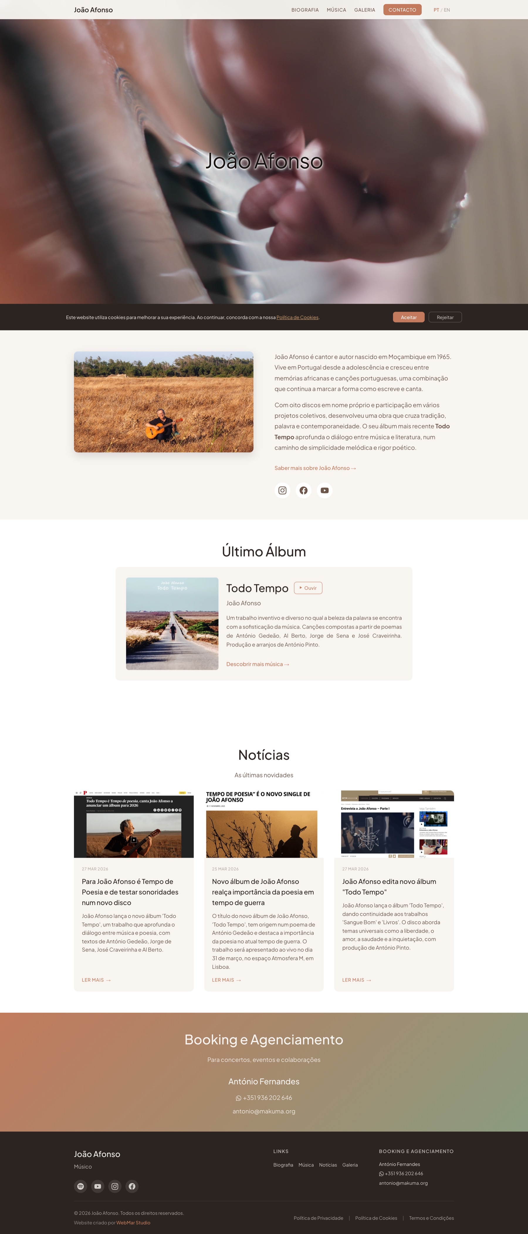 Vista completa da homepage do site oficial de João Afonso