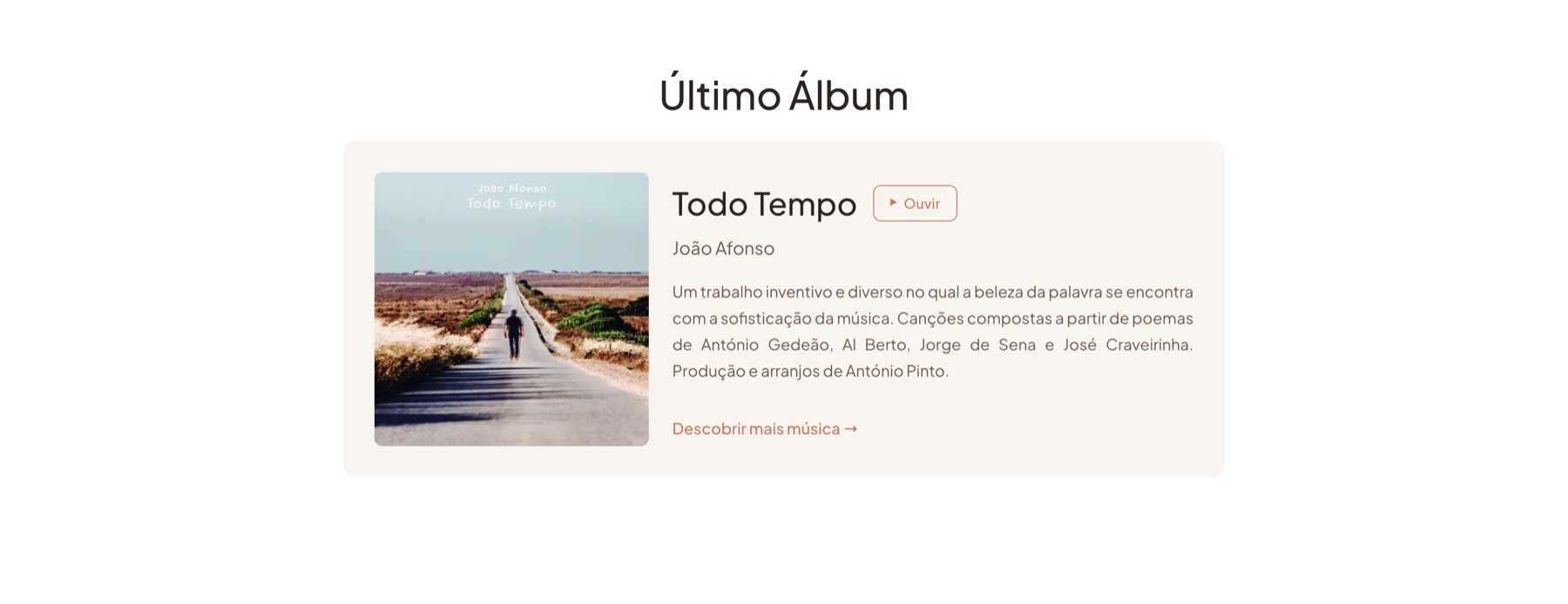 Secção de discografia e streaming no site de João Afonso