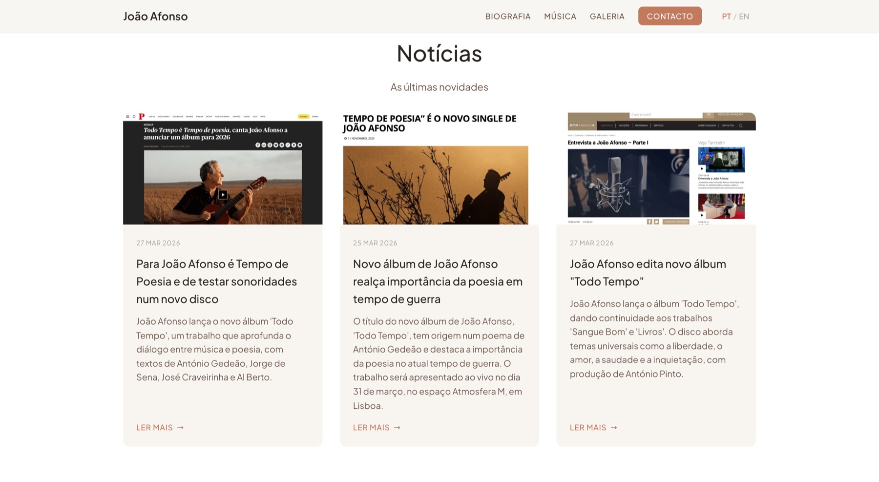 Secção de notícias e imprensa no site de João Afonso