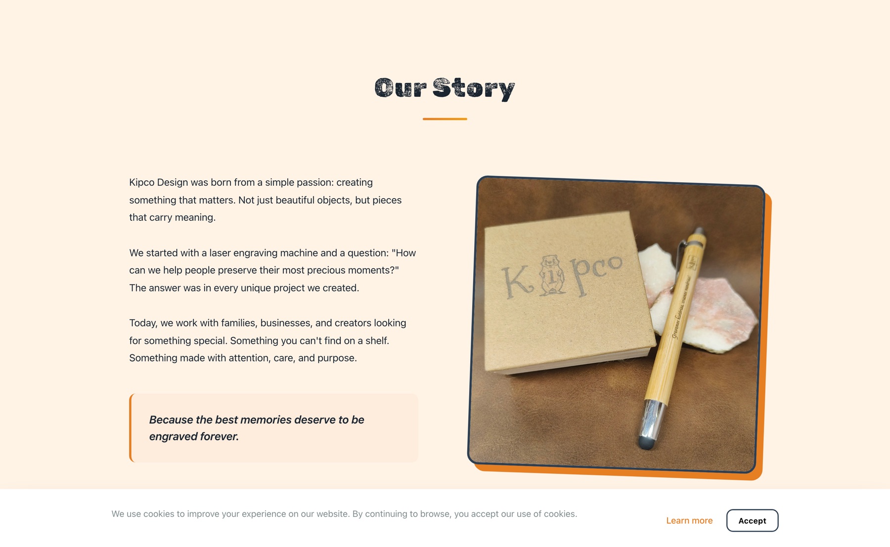 Página sobre a KipCo Creations, com o lema e o tipo de trabalho que faz