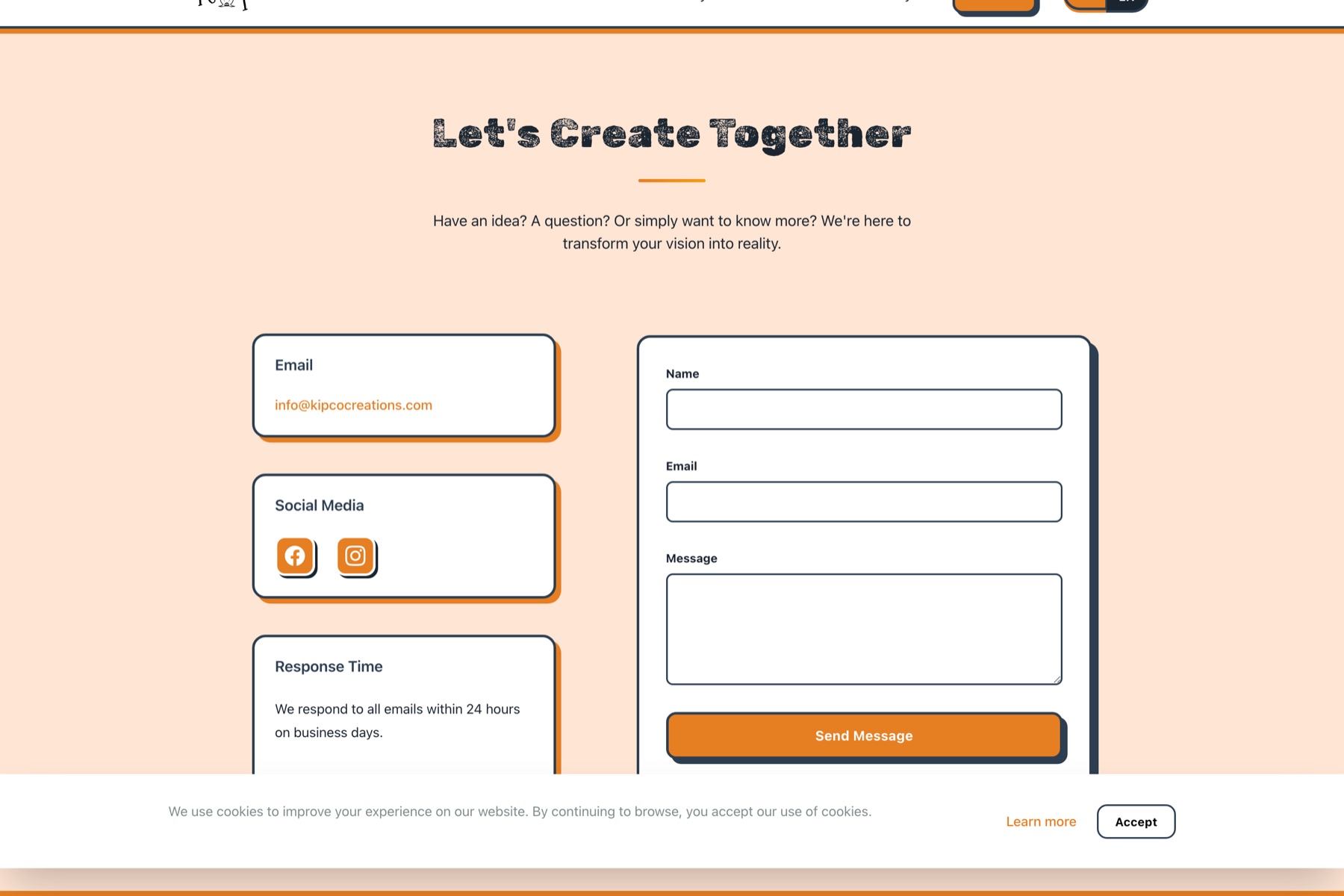 Página de contacto e pedido à medida no site da KipCo Creations