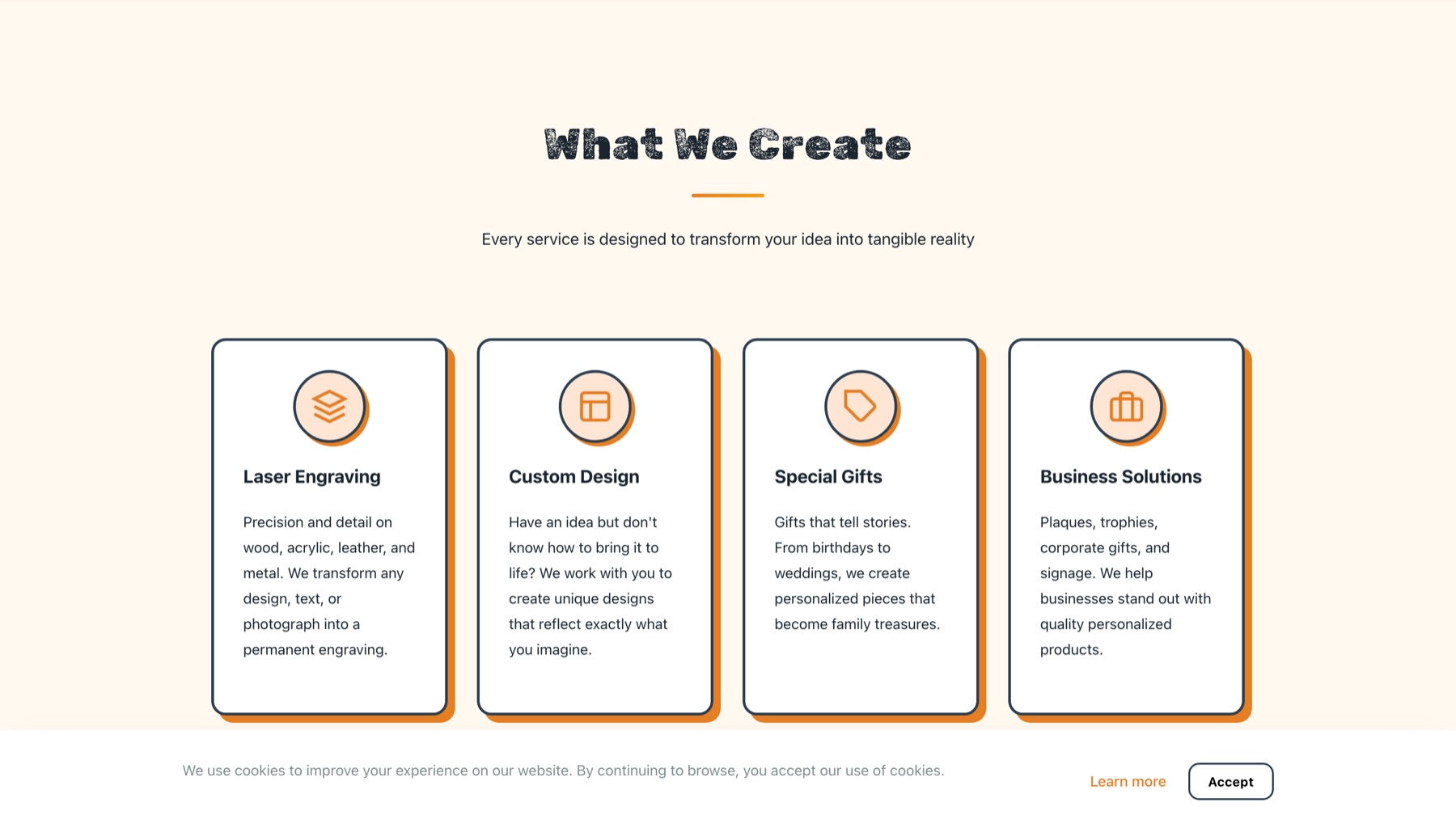 Página de serviços no site da KipCo Creations, com categorias para presentes personalizados, eventos e empresas